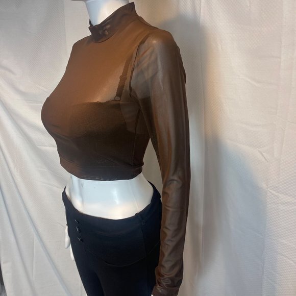 Bozzolo See Right Through You Mesh Long Sleeve Crop Top Brown Size L RefFNB3 - Picture 7 of 7